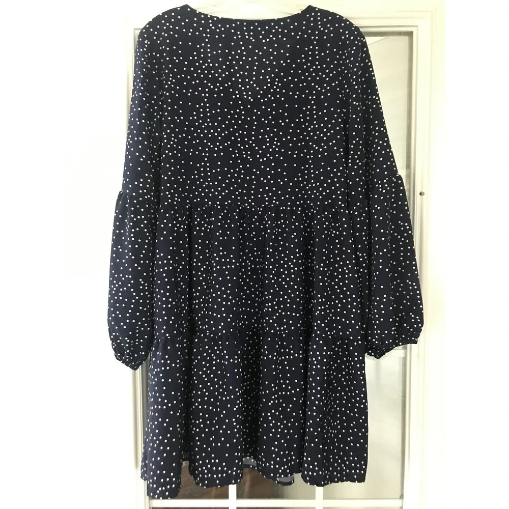 Navy Blue Polka Dot Tiered V Neck Long Sleeve‎ Mini Dress Women's Size M